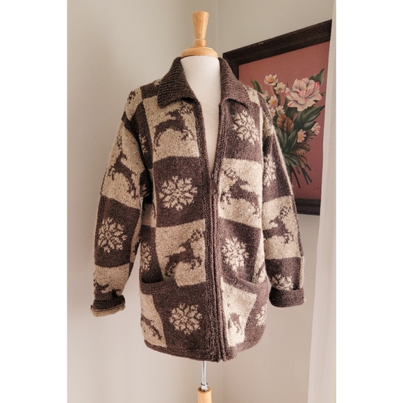 Vintage Wool Cowichan Style Sweater Wool Zip Front w/ Neutral Winter Patchwork - Picture 2 of 15